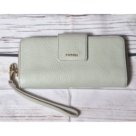 Fossil Madison Clutch Pebbled Leather Slim Clutch Wallet Light Green - Picture 1 of 11